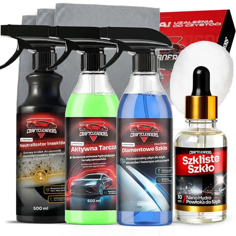 Zestaw Domowa Odnowa Samochodu: Aktywna Tarcza, Diamentowe Szkło, Neutralizator Insektów, Szkliste szkło + Pad do aplikacji + 3 Mikrofibry (Opakowanie Premium) 🎁
