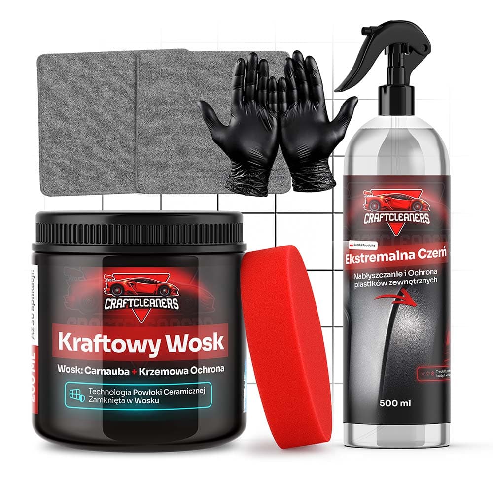 Zestaw 5 elementowy - Połysk i Ochrona dla Każdego Samochodu (Kraftowy Wosk 150 ml + Ekstremalna Czerń)